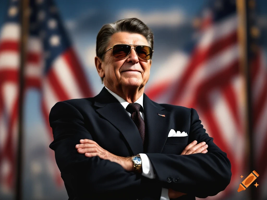 Portrait of Ronald Reagan wearing sunglasses and a suit with arms crossed, standing in front of American flags.