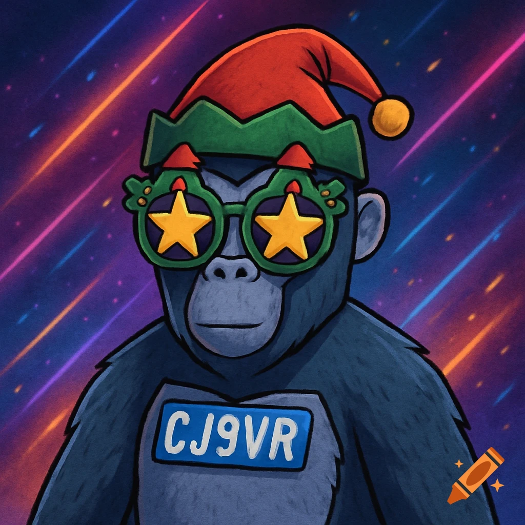 Cartoon gorilla wearing Christmas elf hat and star glasses with a name tag against a cosmic background