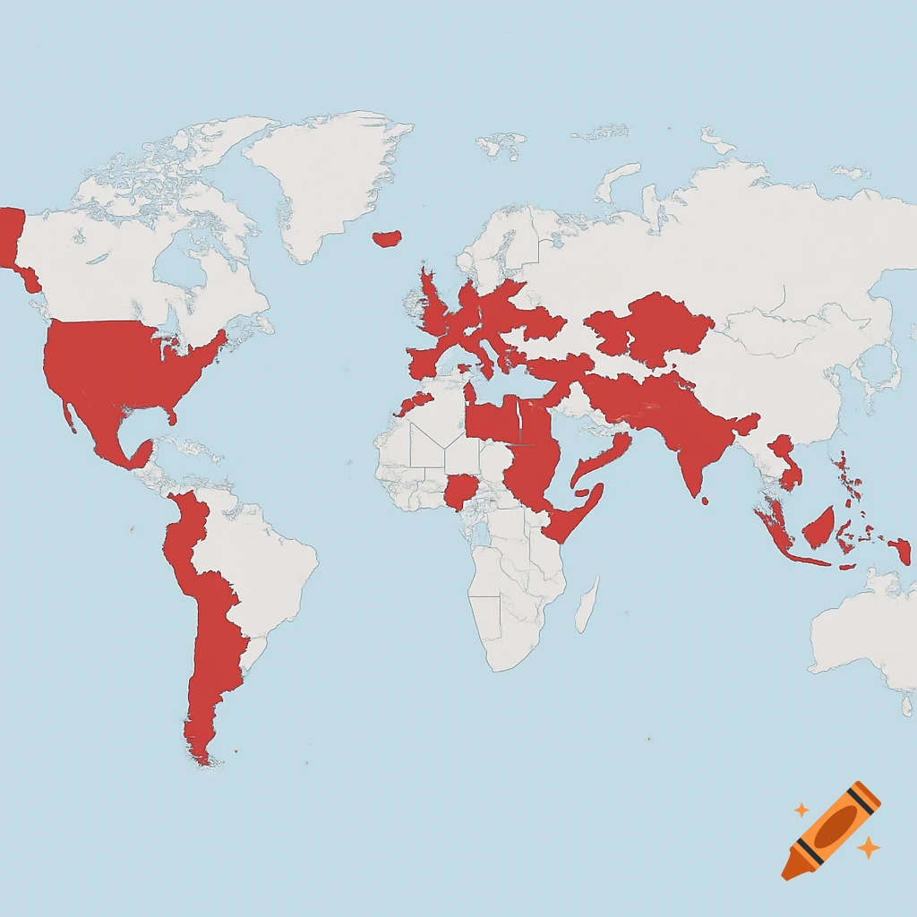 A world map with several countries highlighted in red.