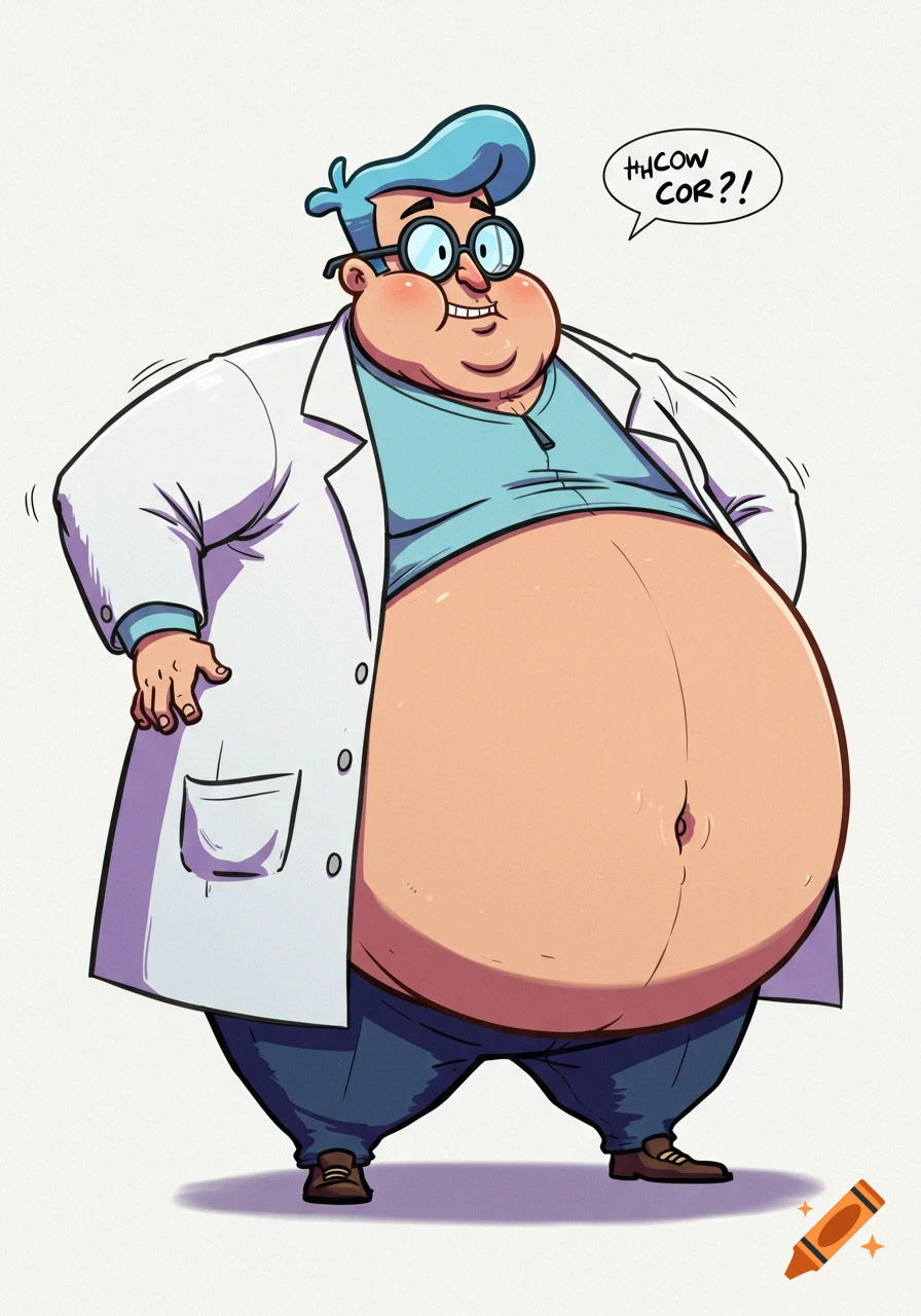 Cartoon illustration of an overweight scientist with blue hair and glasses, wearing a lab coat and saying "tHCOW COR?!" in a speech bubble.