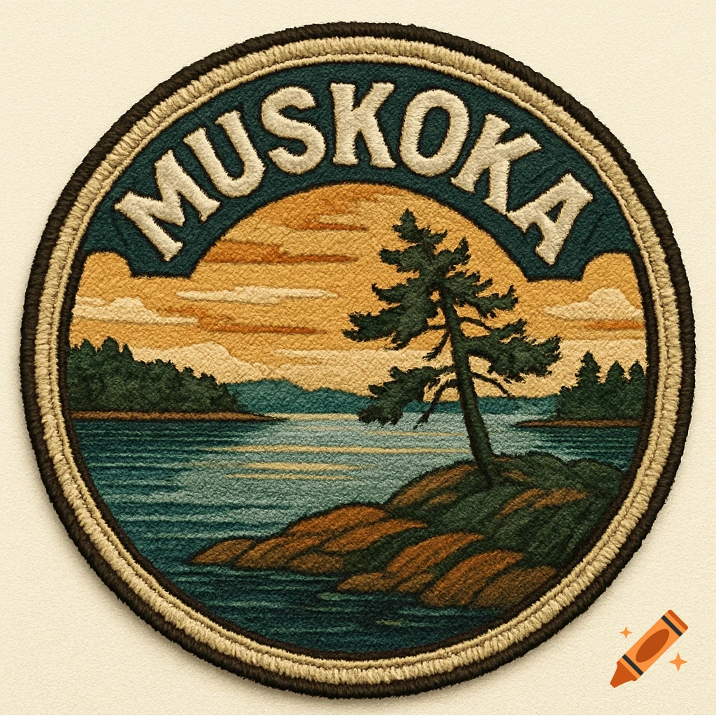Embroidered patch design for Muskoka featuring a lake, trees, and mountains under a textured sky with 'MUSKOKA' text.