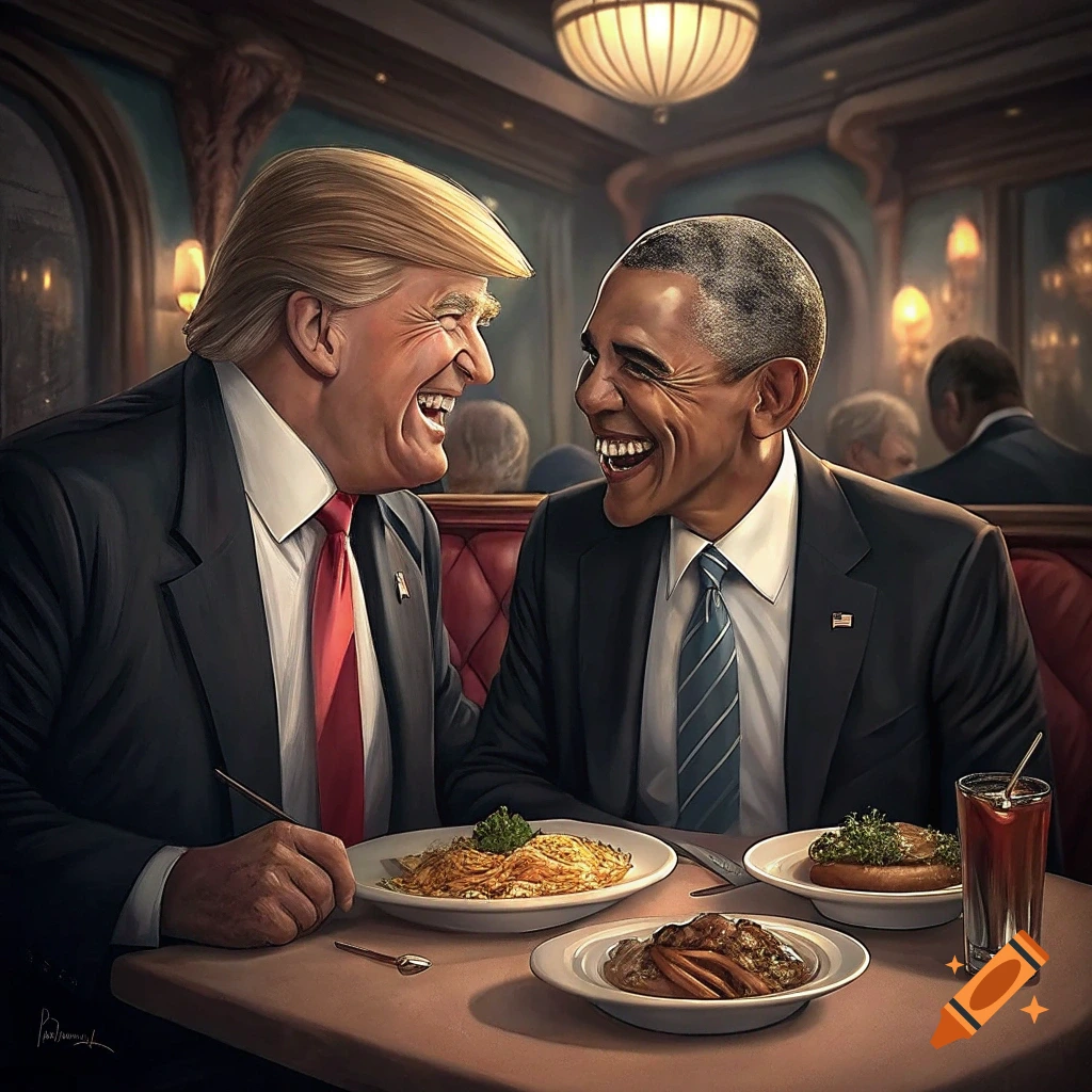 Donald Trump and Barack Obama laughing together over dinner.