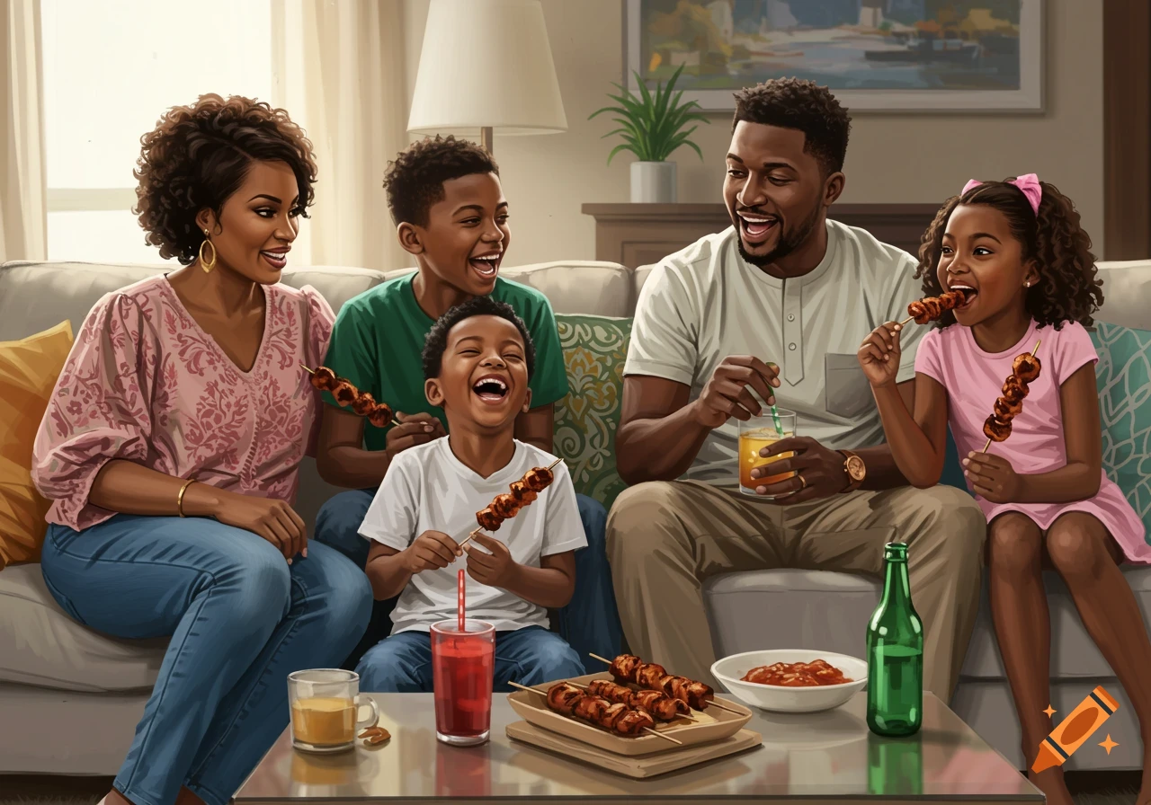 Happy Nigerian family eating and drinking skewers while relaxing on a couch in a living room, detailed illustration style.