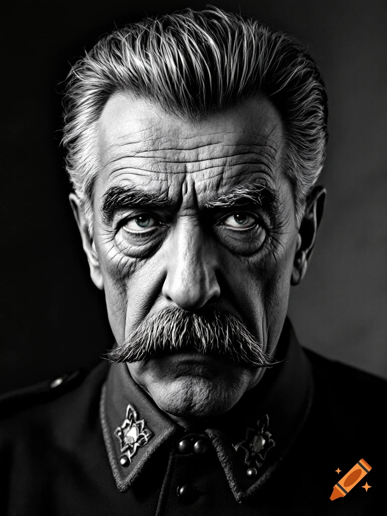 Black and white portrait of a stern man with a mustache in military uniform.
