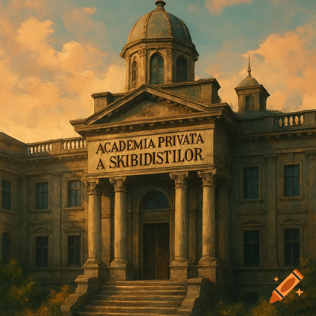 Classical building with dome, pillars, and text on the facade under a dramatic sky.