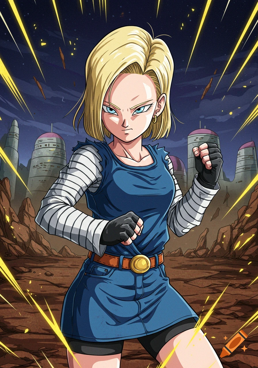 Anime illustration of Android 18 in a dynamic pose against a rocky background with buildings.