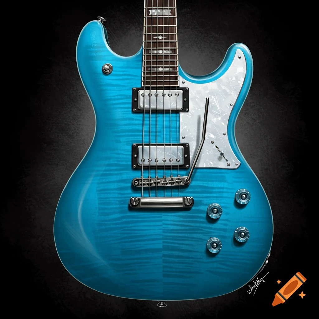 A close-up illustration of a blue electric guitar with a quilted maple finish.
