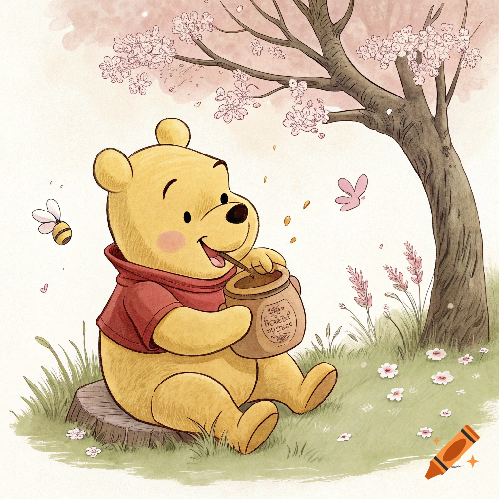 Cute drawing of Winnie the Pooh sitting under a cherry blossom tree, eating honey from a pot, with a bee and butterfly