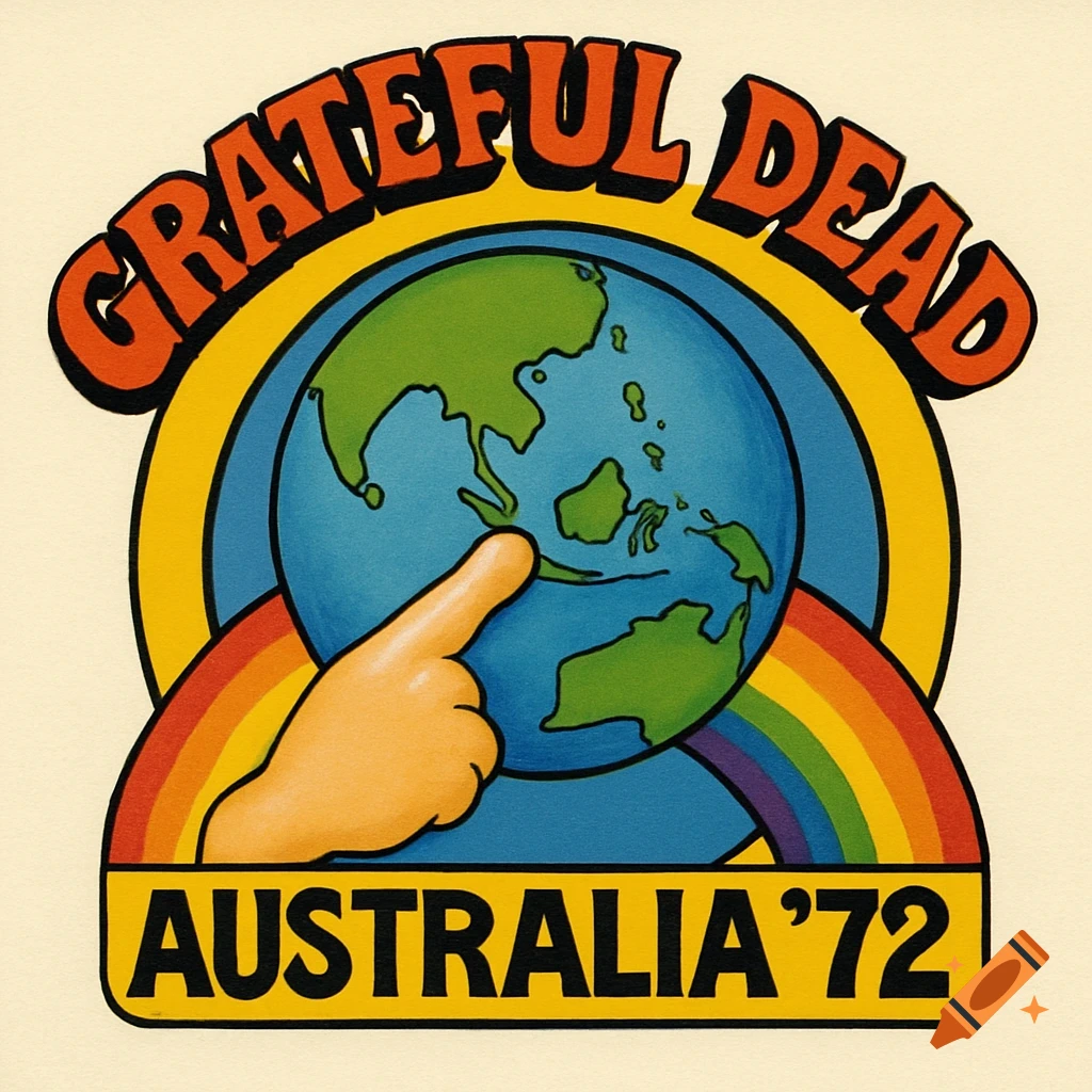 Retro style logo with Grateful Dead, Australia '72 text, globe, hand pointing to Australia, and rainbow