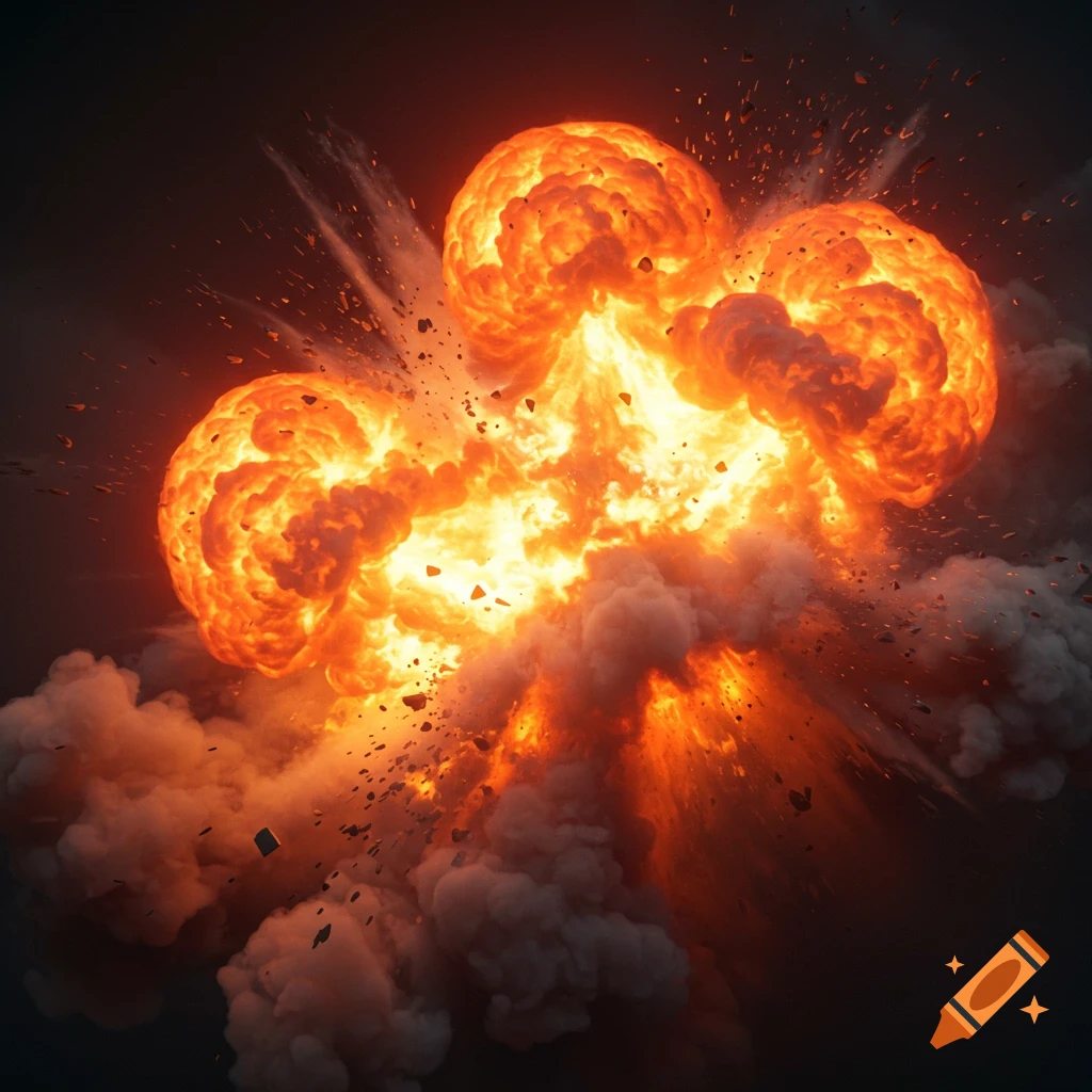 A large, fiery explosion with smoke and debris against a dark background.