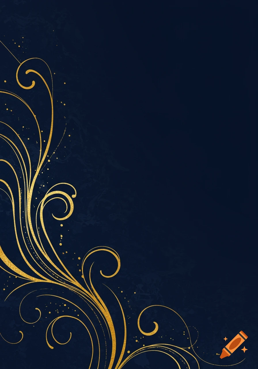 Navy background with golden ornate swirls and dots
