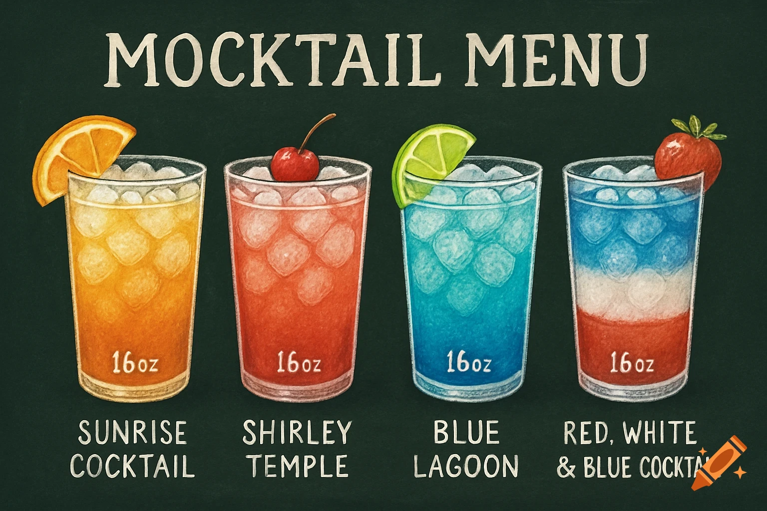 Illustration of a mocktail menu with four colorful drinks in glasses labeled with names and sizes.