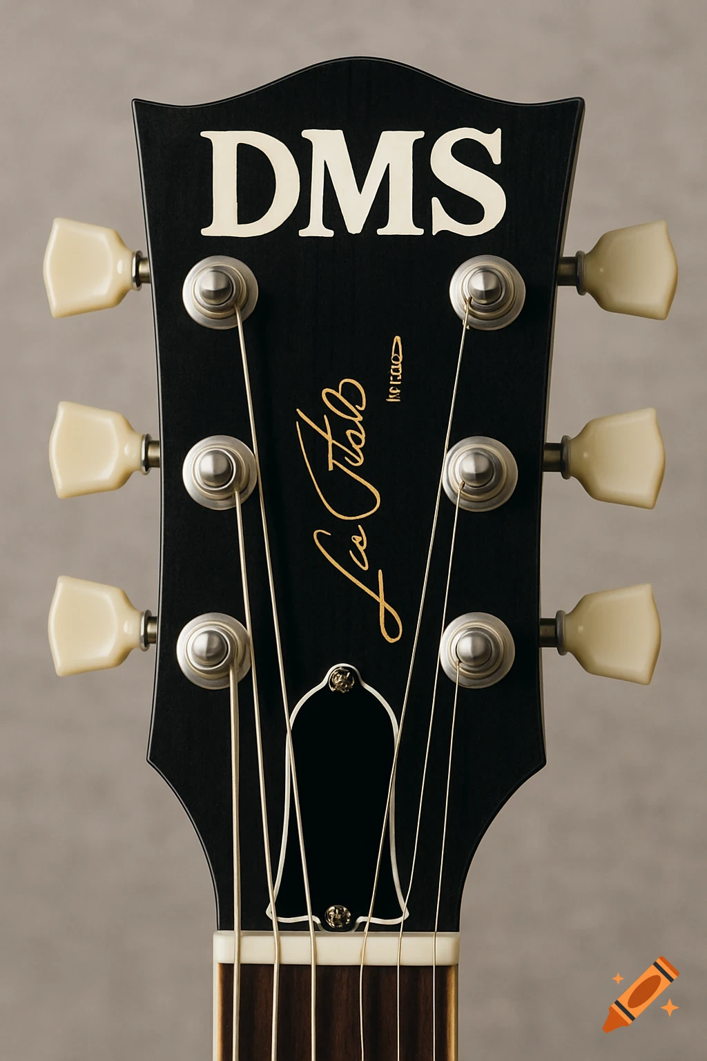 Close-up of a black guitar headstock with 'DMS' logo and tuning pegs.
