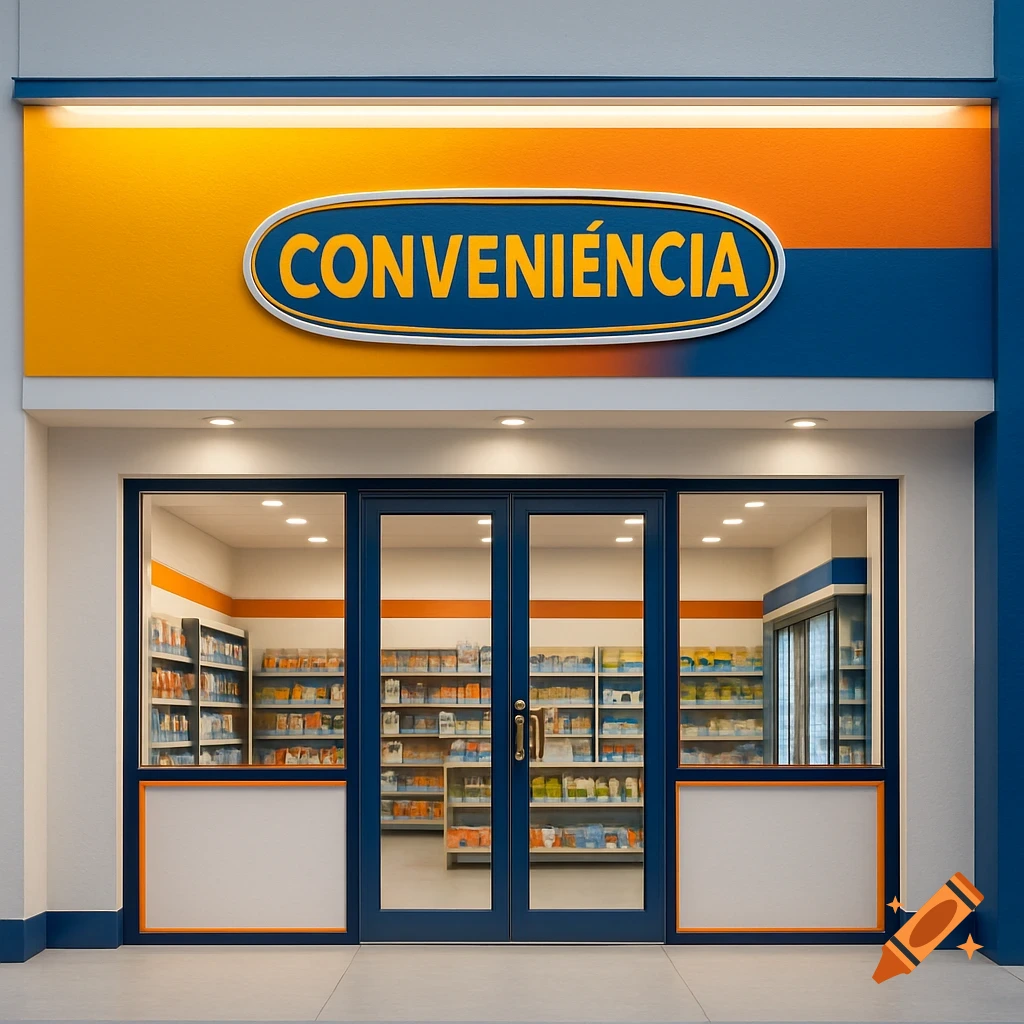 A modern convenience store facade with a large sign reading 'CONVENIÊNCIA' over blue and orange colors, double glass doors, and visible shelves inside.
