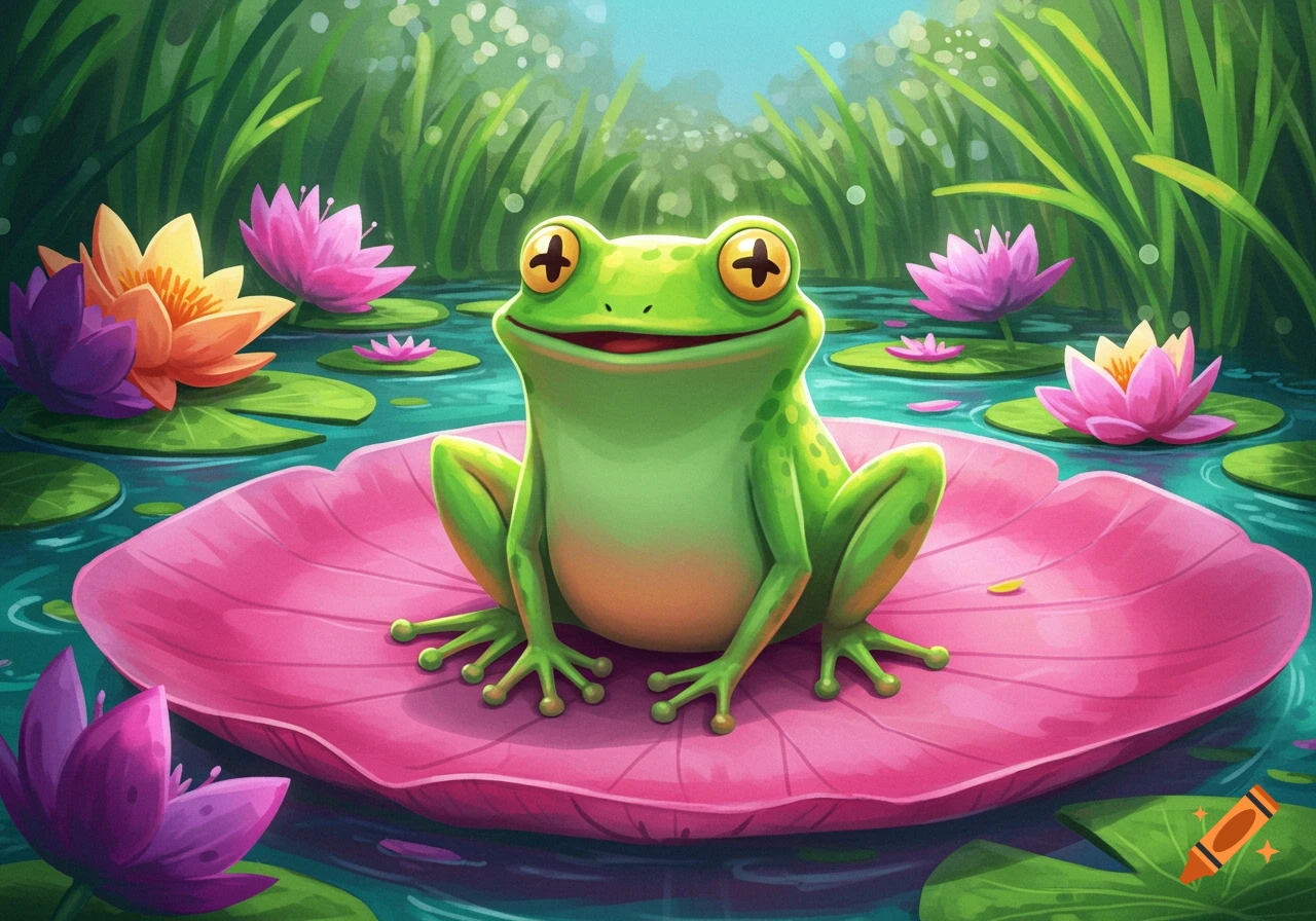 A cartoon frog sits on a pink lily pad among water lilies in a pond.