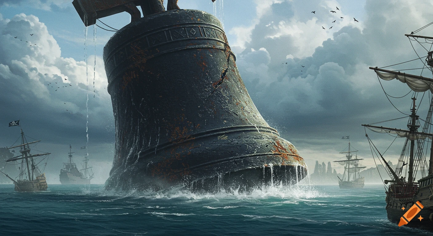 A giant, rusty bell rises from the rough sea, with pirate ships sailing around it under a dramatic, cloudy sky.