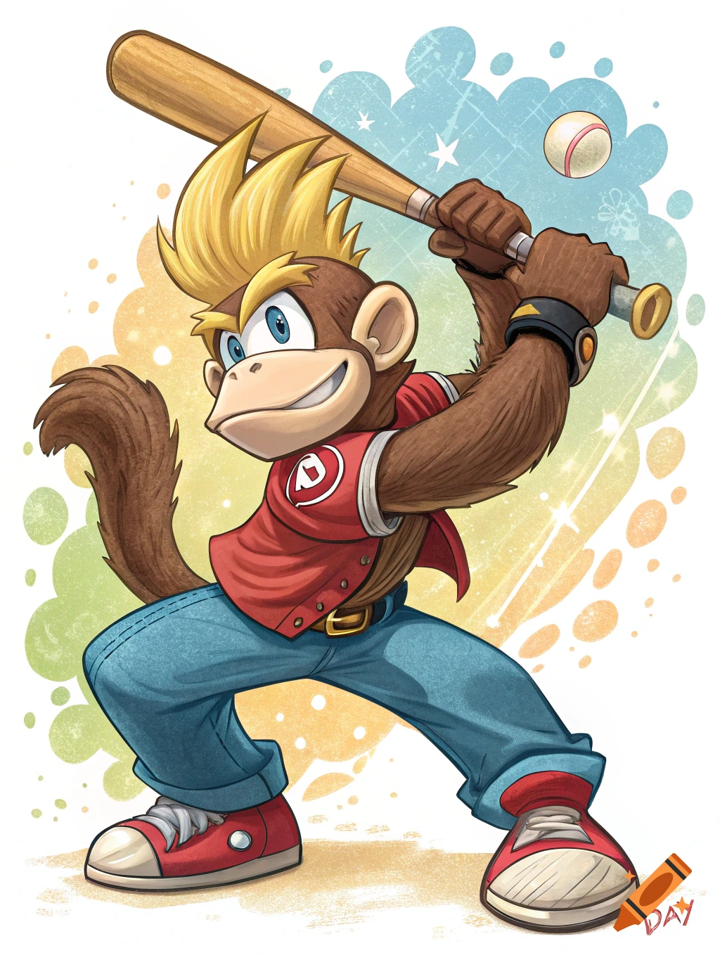 Cartoon illustration of a monkey like Diddy Kong swinging a baseball bat.