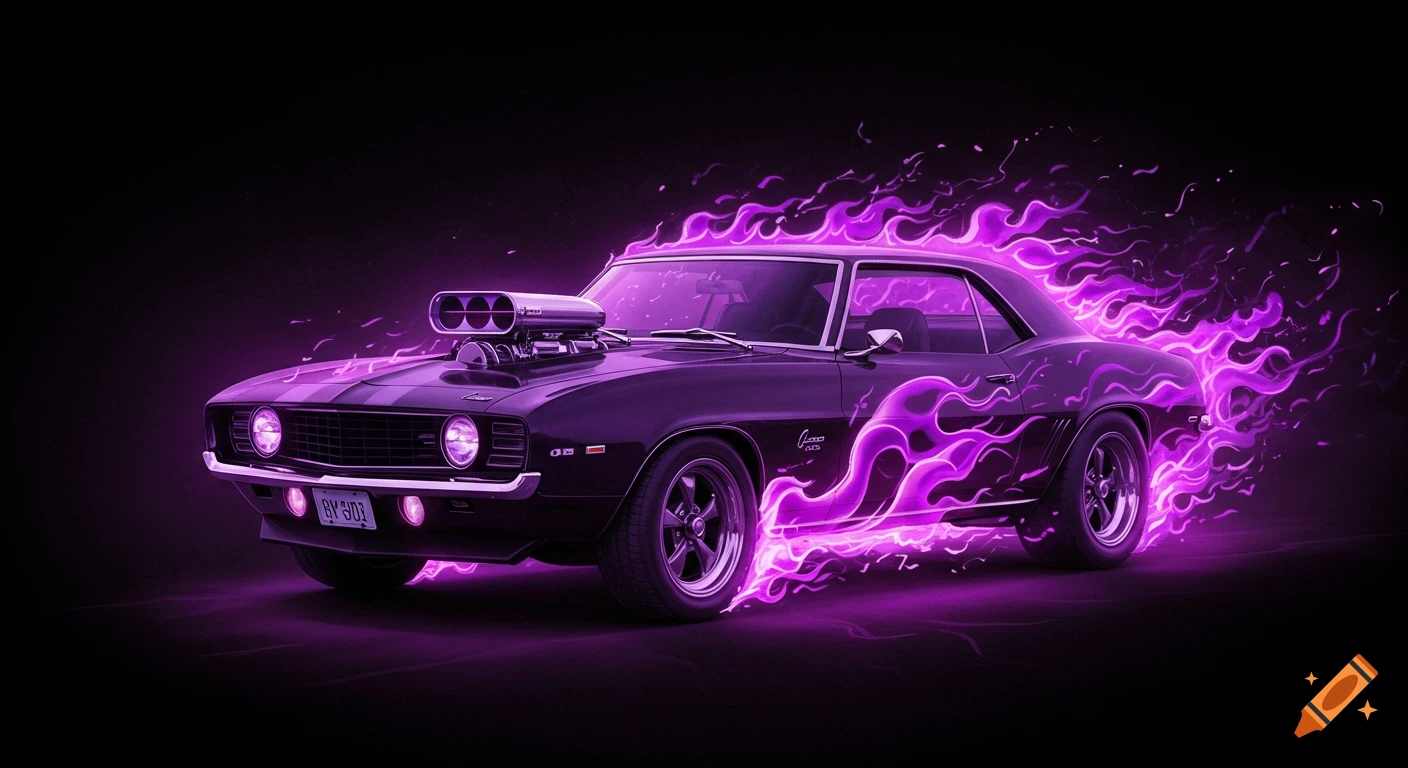 Dark purple classic muscle car with glowing purple flames.