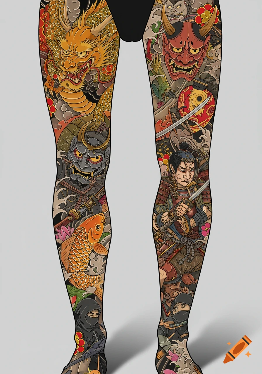Legs covered in detailed Japanese Irezumi tattoos featuring a dragon, Oni masks, a samurai, koi, and ninjas.
