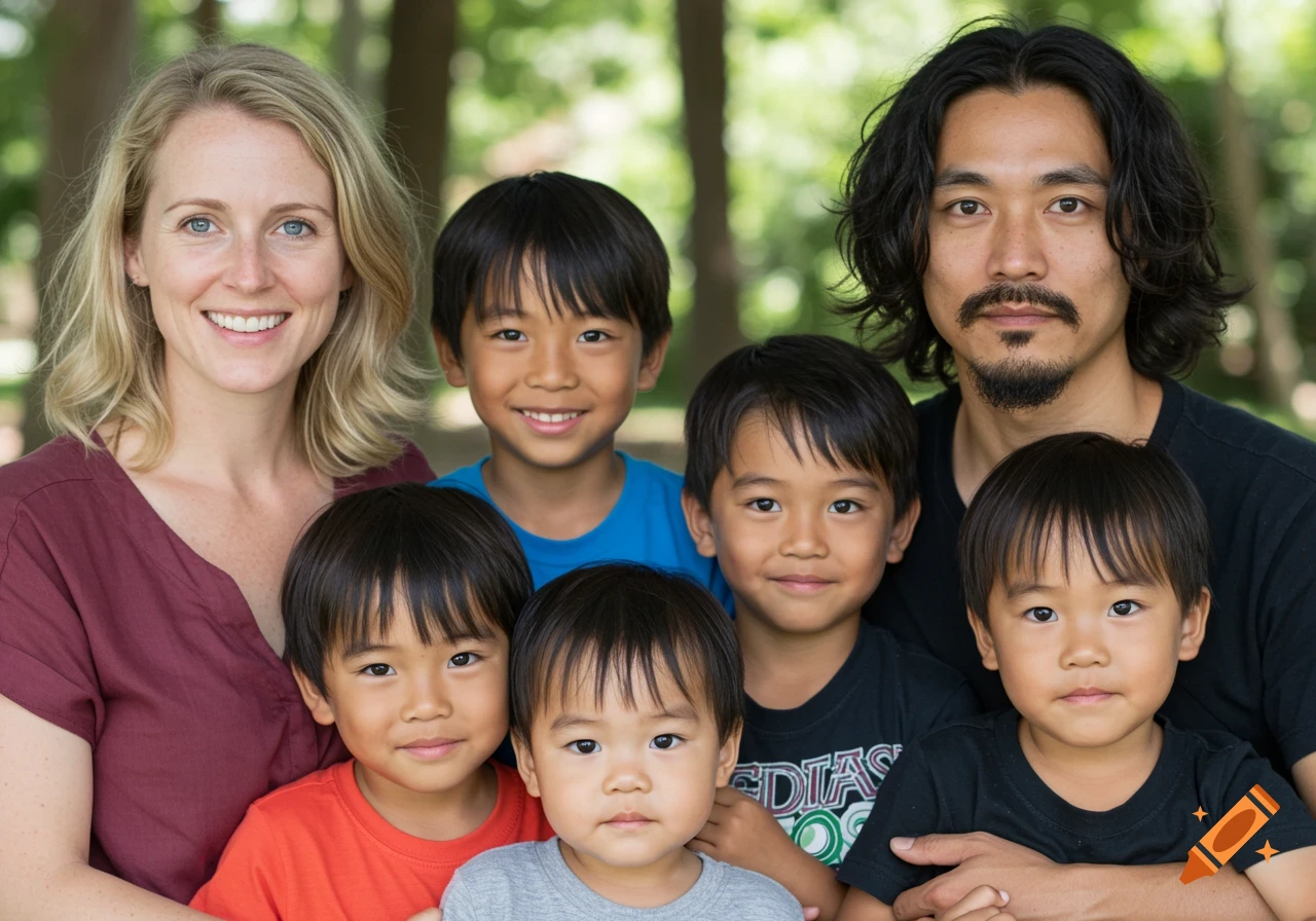 Family portrait of a Caucasian mother, Japanese father, and their five young children smiling.