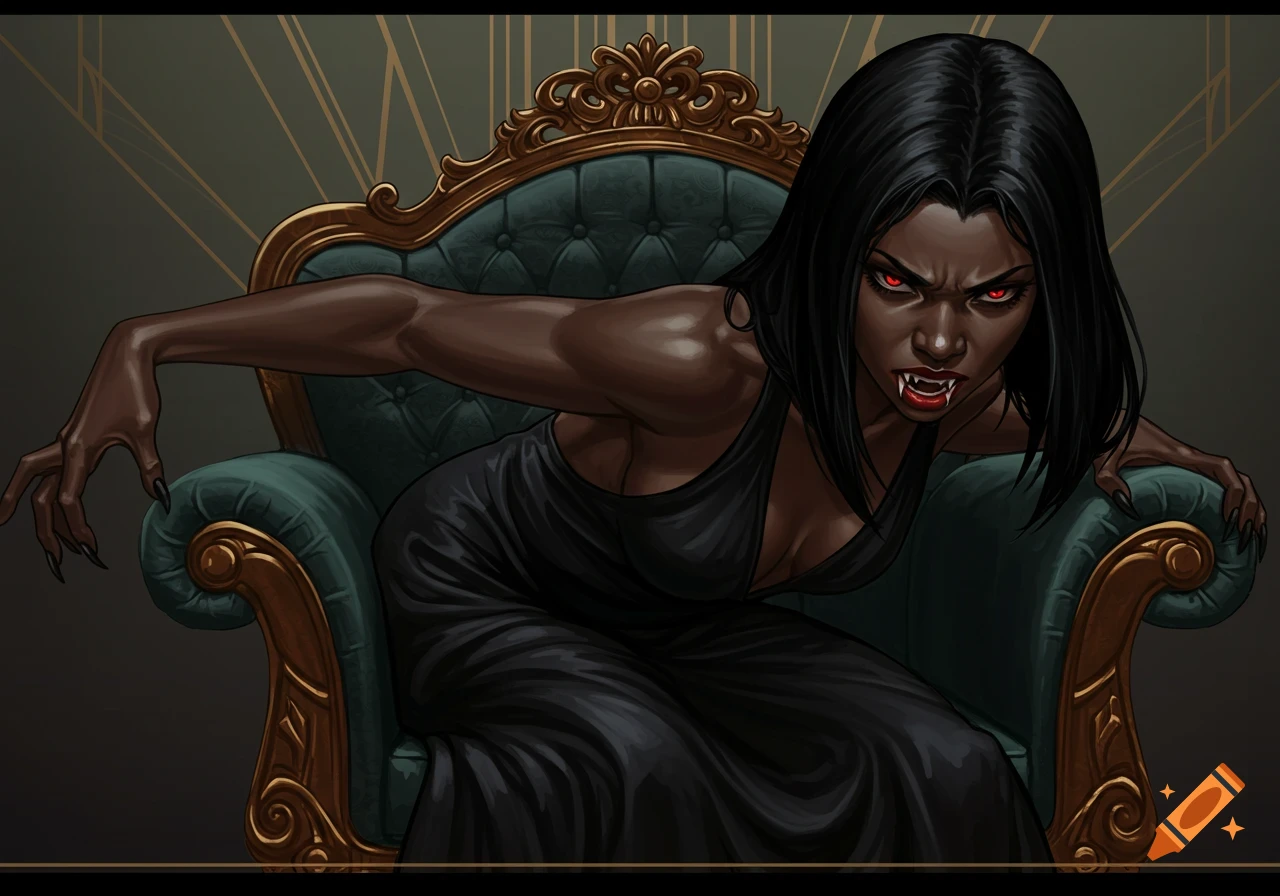 A vampiric woman with fangs and red eyes leans forward aggressively in a chair, art deco style.
