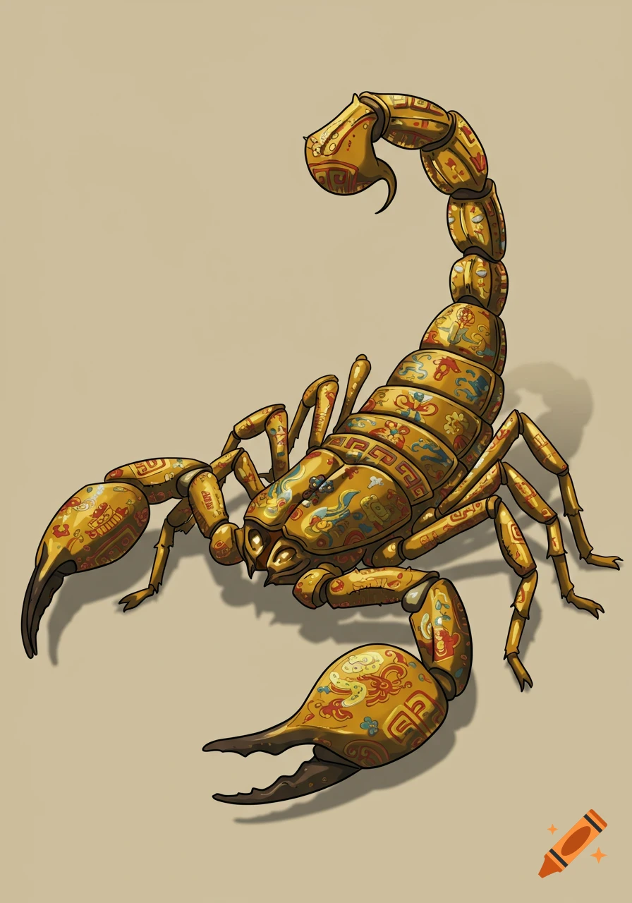 A stylized golden scorpion with intricate patterns resembling Chinese art.