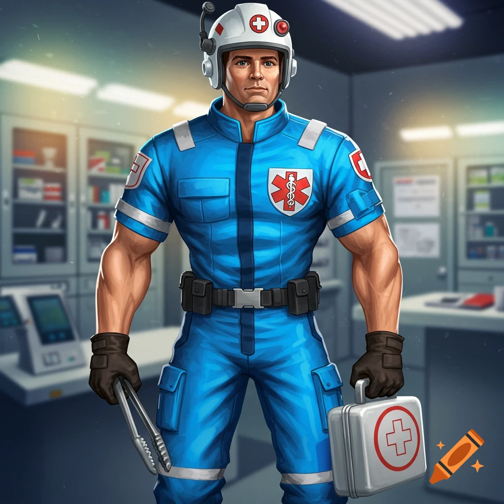 Illustration of a muscular person in a blue medical uniform holding a medical kit and forceps, styled like a 2000s action figure.