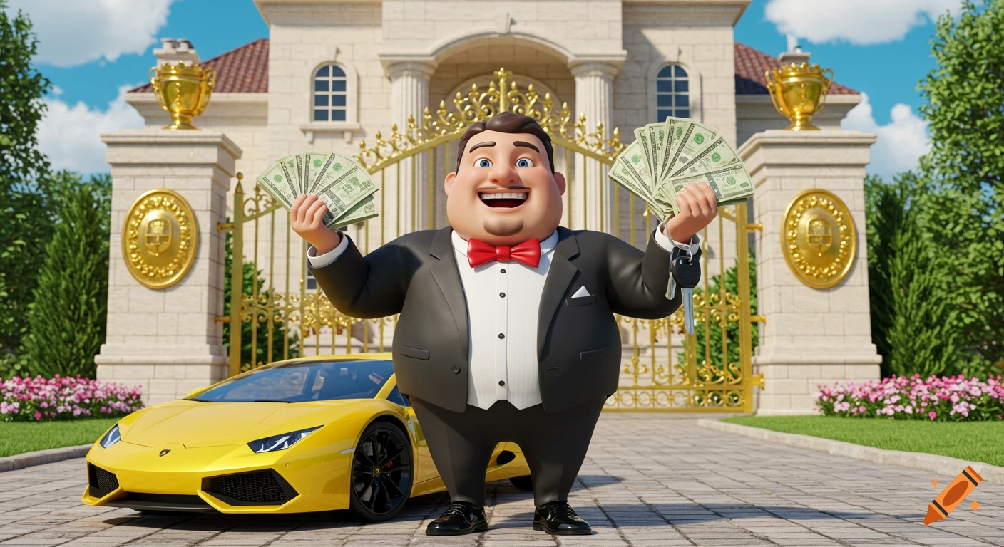 A joyful, cartoon-style man in a tuxedo holds money and car keys in front of a mansion and yellow Lamborghini.