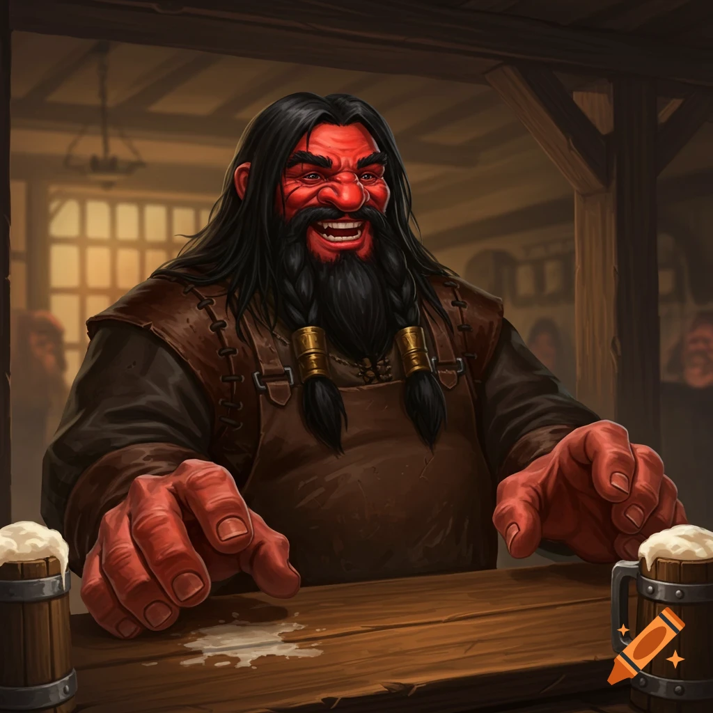 A red-faced dwarf innkeeper with black hair and beard stands behind a bar with two mugs of ale, grinning.