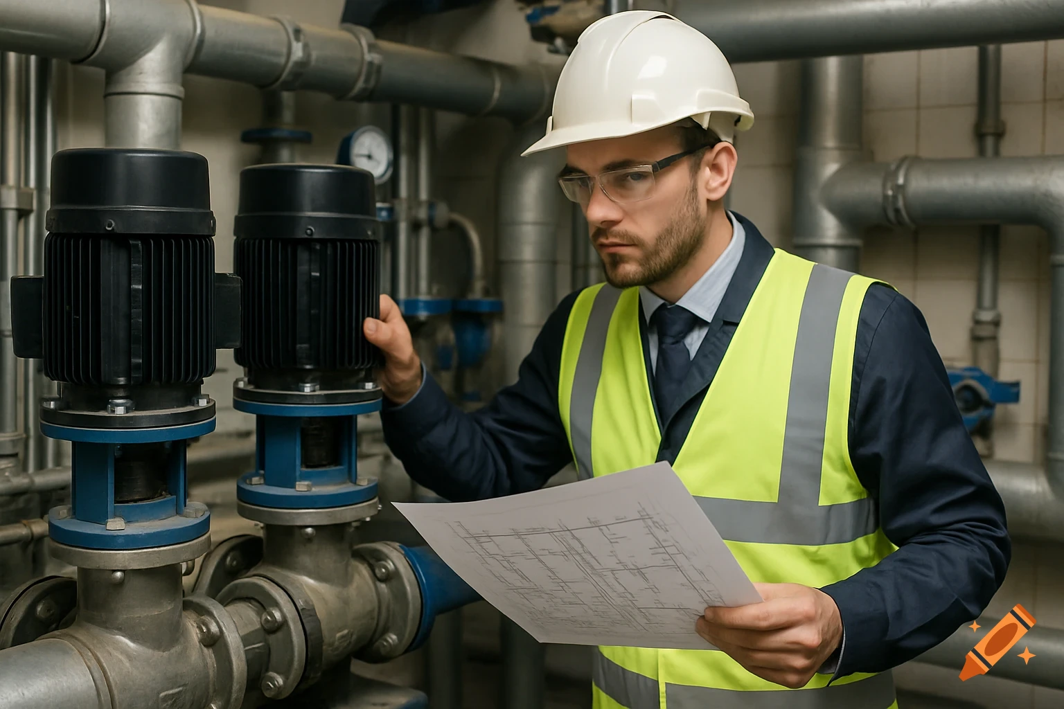 A man in a hard hat and safety vest examines industrial pipes and motors while holding a blueprint.