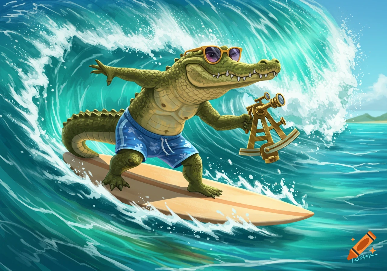 Cartoon alligator in sunglasses and swim trunks surfs a wave holding a sextant.