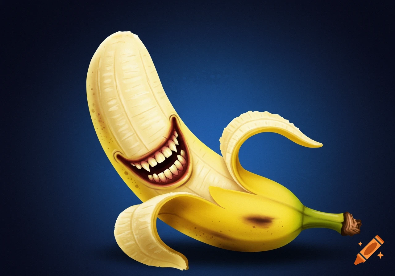 Cartoon illustration of a peeled banana with a creepy sharp-toothed smile on a dark blue background.