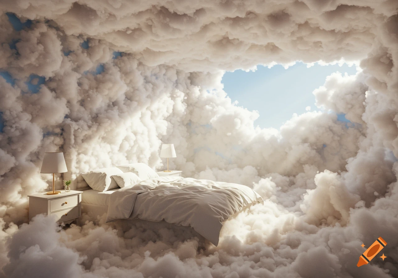 A bed sits in a bedroom entirely made of fluffy clouds with sunlight streaming in.