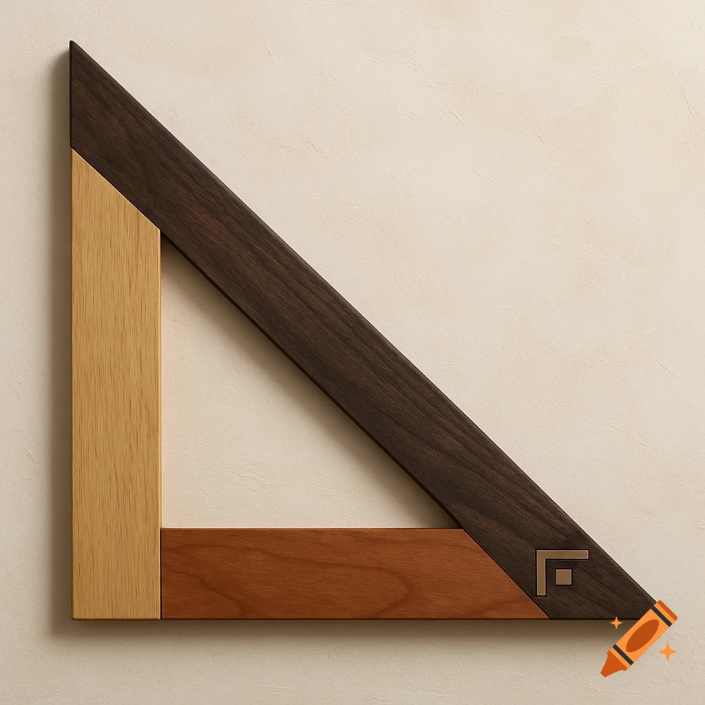 A wooden right triangle made of dark brown, light brown, and medium brown wood pieces against a wall.