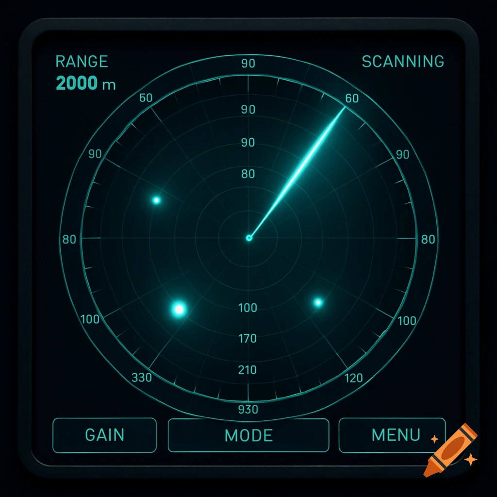 Digital sonar or radar interface with a scanning line and targets.