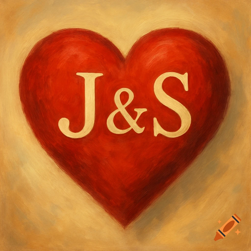 A red heart with the initials J & S in the center, rendered in a painterly style.