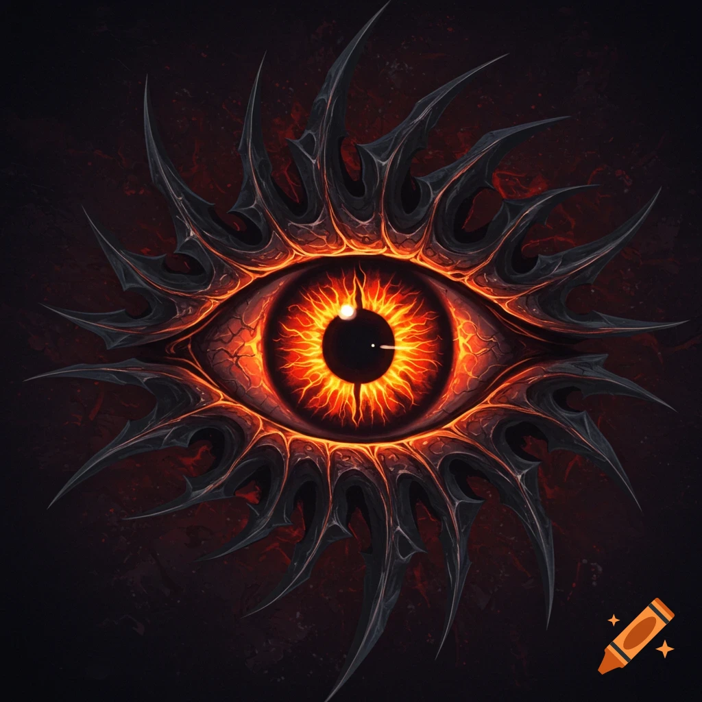 Stylized dark eye with glowing orange iris surrounded by jagged spikes.