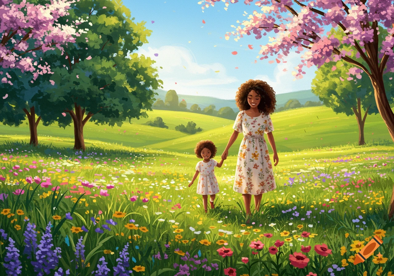 Illustration of a mother and daughter walking hand-in-hand through a field of colorful wildflowers under blooming trees.