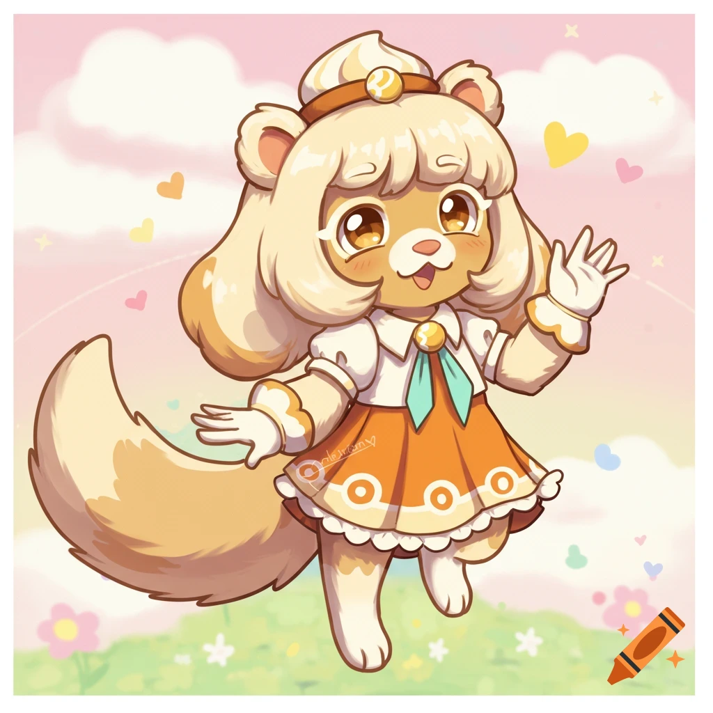 Cute cartoon ferret-like character in a dress waves against a pastel sky background.