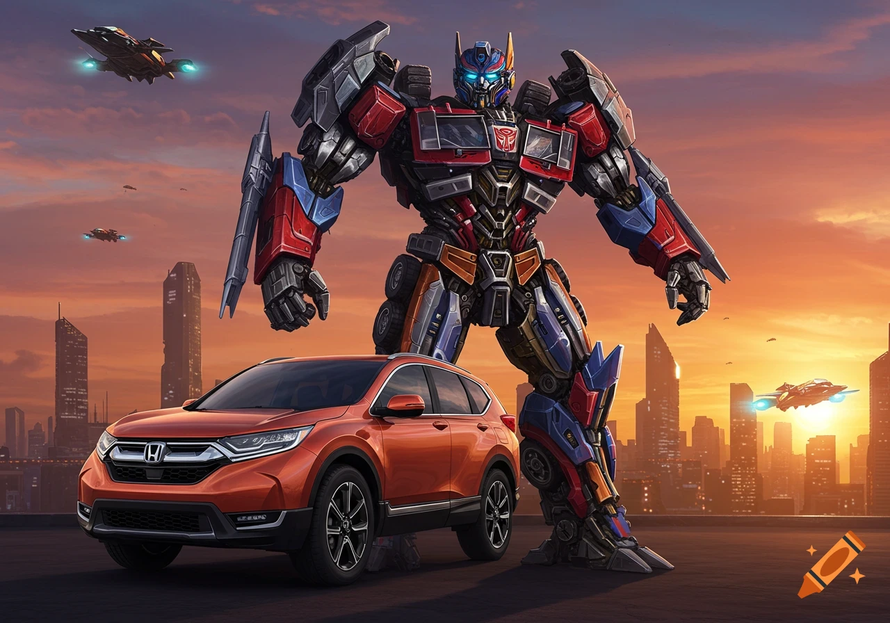 A large Transformer robot stands next to an orange Honda CRV in a city at sunset with flying vehicles.