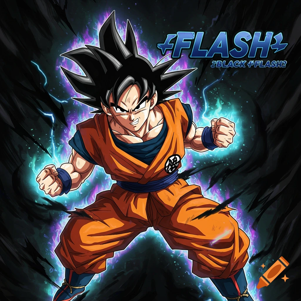Illustration of Goku from Dragon Ball Z posing with purple and blue energy aura.