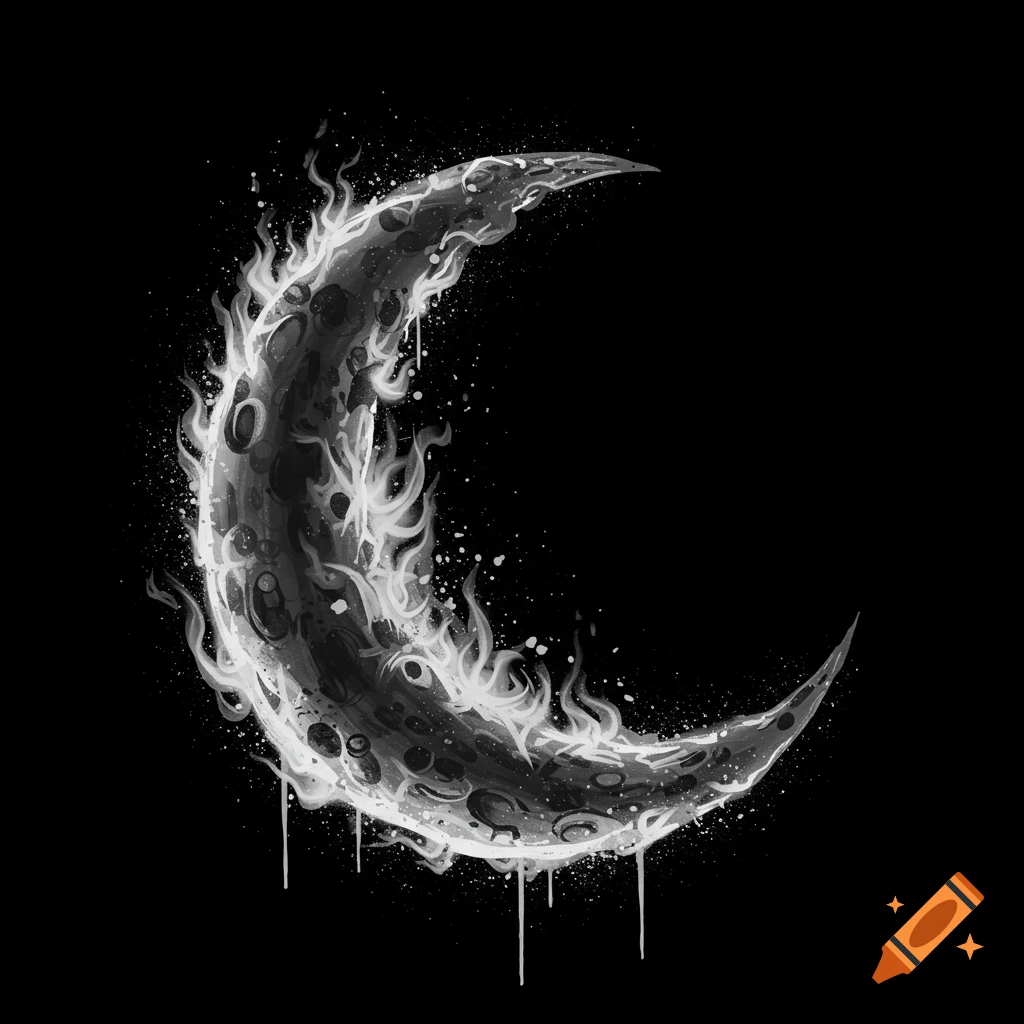 Abstract grayscale illustration of a burning crescent moon with paint splatters on a black background.