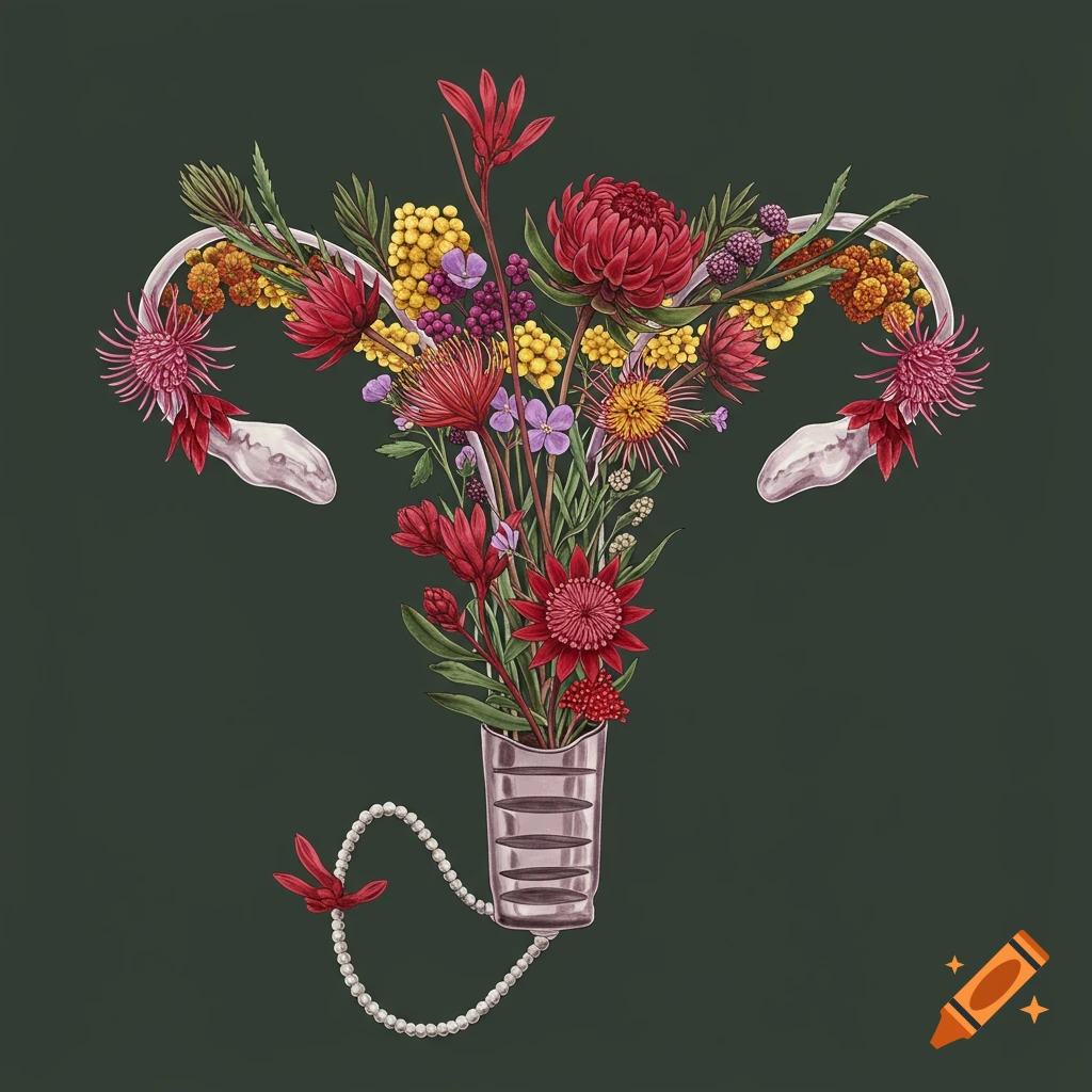 An illustration of a uterus made of colorful flowers, bones, and a pearl string attached to a cup.