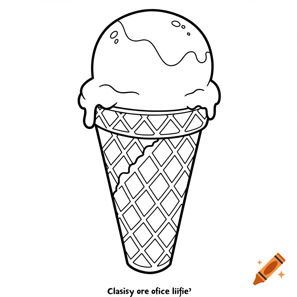 Black and white line art coloring page of an ice cream cone.