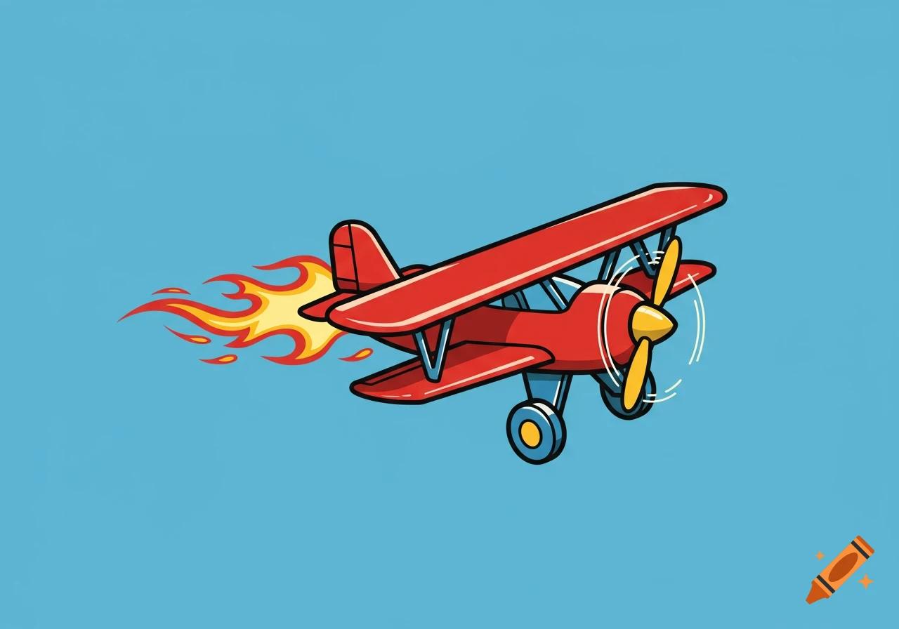 A red cartoon biplane flies across a blue sky with flames coming from its back.