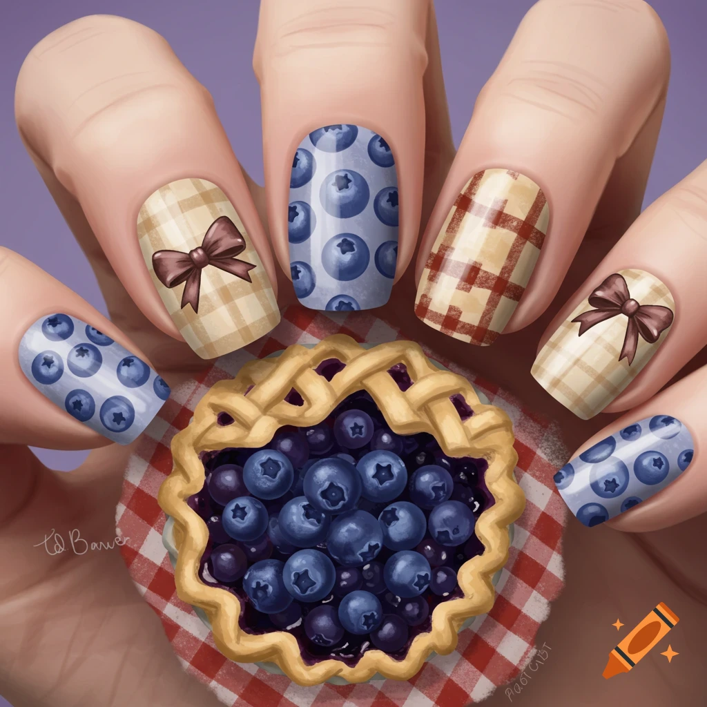 Close-up illustration of a hand holding a mini blueberry pie. Nails have blueberry, plaid, and bow designs.