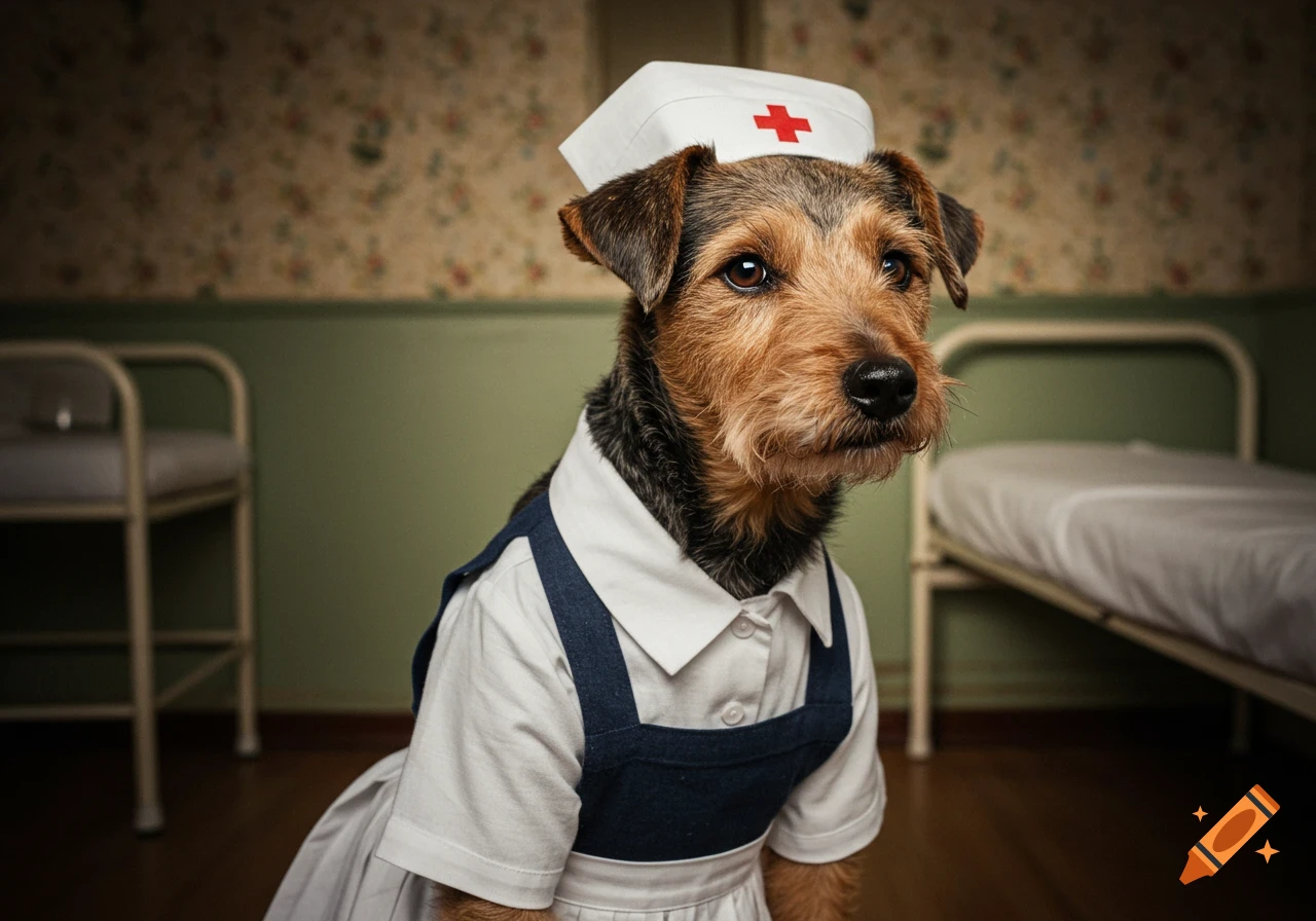A welsh terrier wearing an old-fashioned nurse uniform stands in a vintage room.