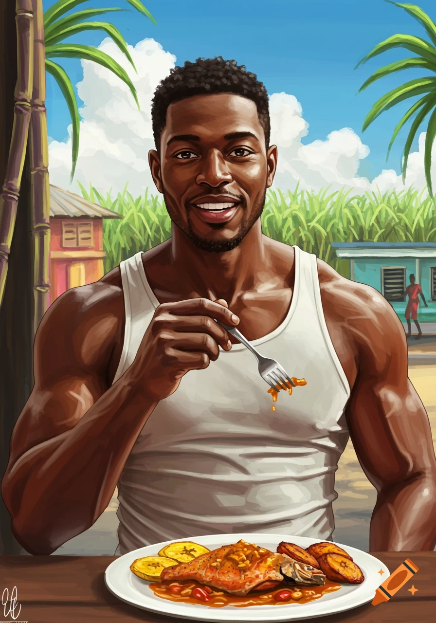 Illustration of a man in a tank top eating fish and plantains at a table in a tropical setting.