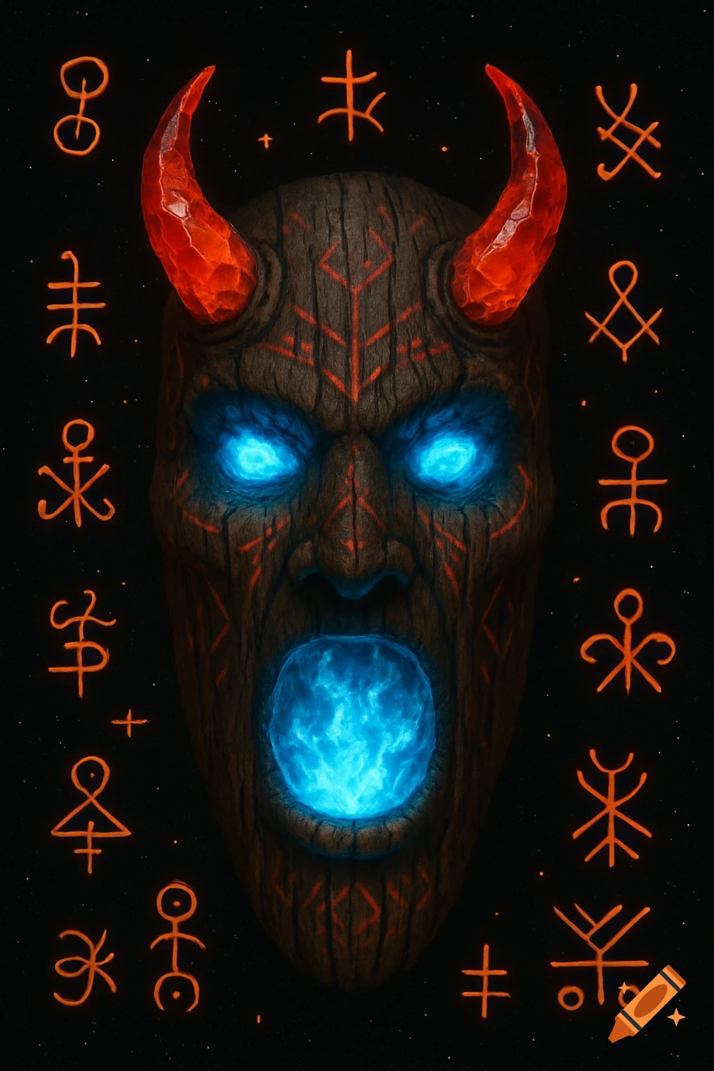 Wooden mask with red horns, glowing blue eyes and mouth, surrounded by orange symbols on a dark starry background.