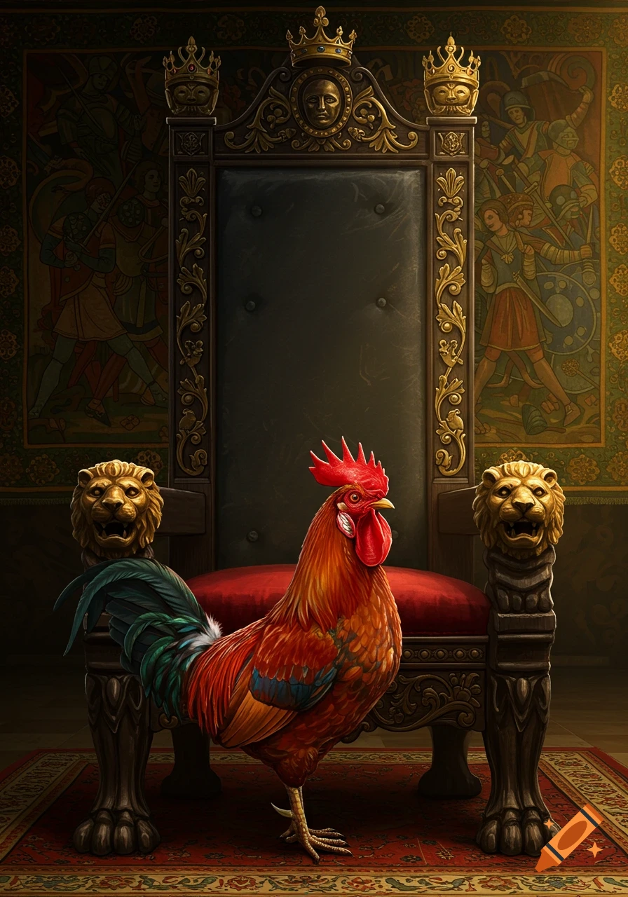 A rooster stands in front of a large, ornate throne with lion armrests.